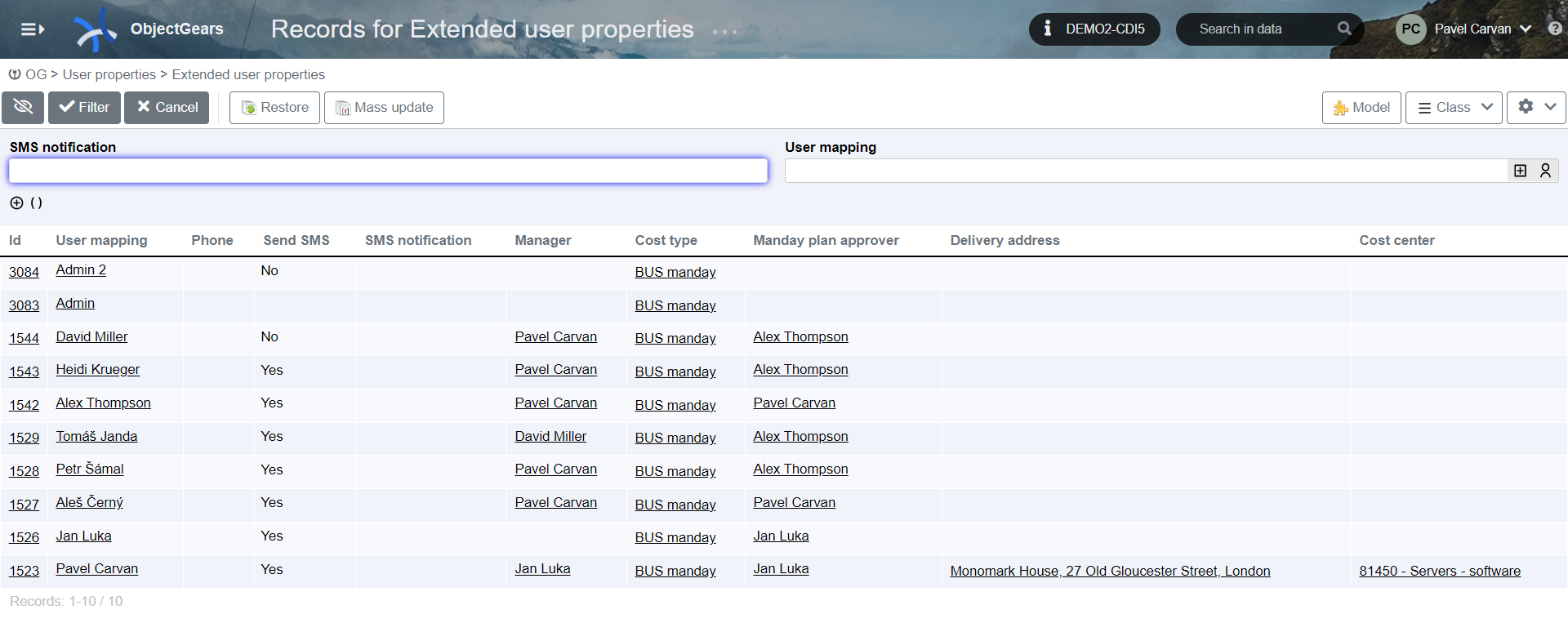 Example of data from class with extened user properties.