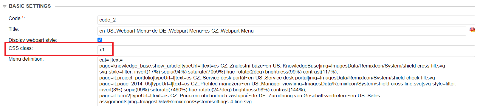 Nastavení webpartu menu - třída s CSS styly